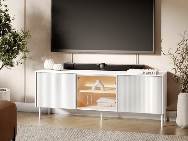 TV-állvány Mirbelo 108, Közepes sűrűségű farostlemez, Laminált forgácslap, Edzett üveg, 57x147x41cm, Fehér, Tölgy