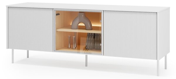 TV-állvány Mirbelo 108, Közepes sűrűségű farostlemez, Laminált forgácslap, Edzett üveg, 57x147x41cm, Fehér, Tölgy