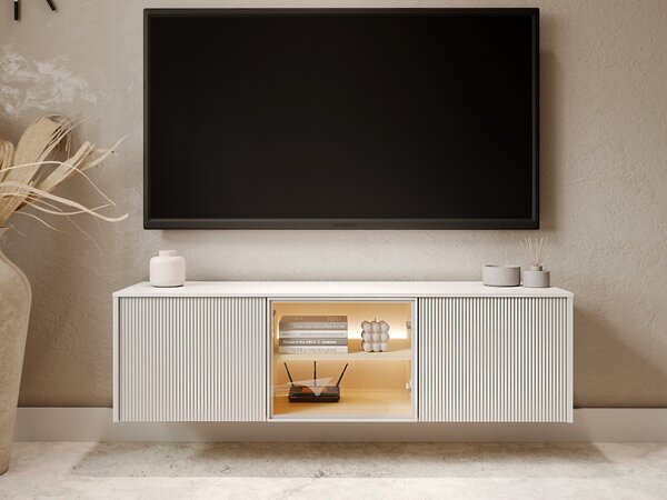 TV-állvány Mirbelo 108, Edzett üveg, Közepes sűrűségű farostlemez, Laminált forgácslap, 42x147x41cm, Fehér, Tölgy
