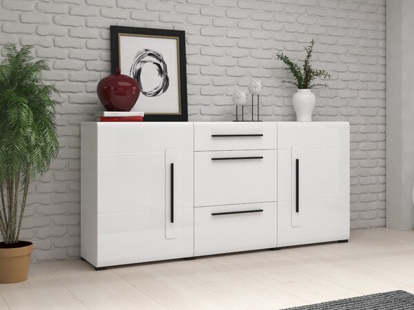 Komód Ophsalu 108, Laminált forgácslap, 86x180x39cm, Fényes fehér, Fehér