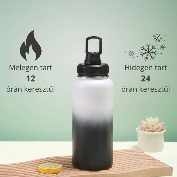Rozsdamentes Acél Termosz Kulacs Szivárgásmentes Kupakkal, Hideg és Meleg Italokhoz - 950 ml - Fekete-Fehér Színátmenetes