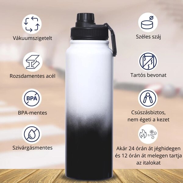 Rozsdamentes Acél Termosz Kulacs Szivárgásmentes Kupakkal, Hideg és Meleg Italokhoz - 950 ml - Fekete-Fehér Színátmenetes