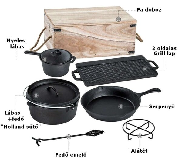 Öntöttvas BBQ Grill szett fa dobozos 6+1 részes