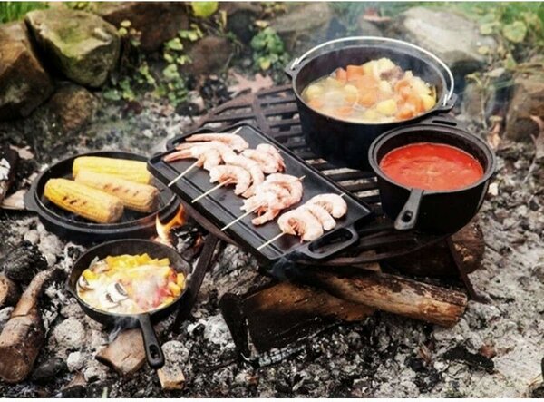Öntöttvas BBQ Grill szett fa dobozos 6+1 részes
