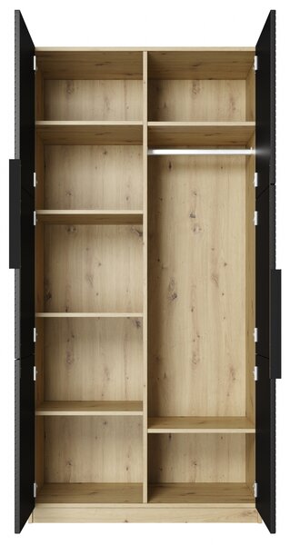 Asha ruhásszekrény, bordázott előlappal és fém fogantyúkkal, 100 cm - artisan tölgy / matt fekete / fekete fogantyúk