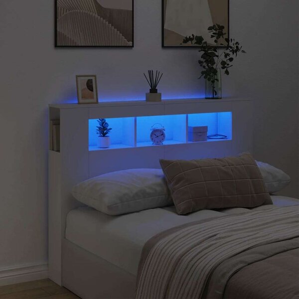 VidaXL LED-es Fejtámla - Polcokkal - Fehér - 140x18,5x103,5cm