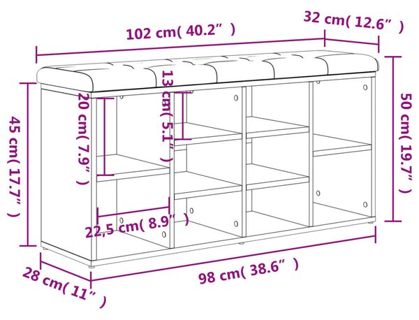 VidaXL szürke sonoma színű szerelt fa cipőtároló pad 102 x 32 x 50 cm