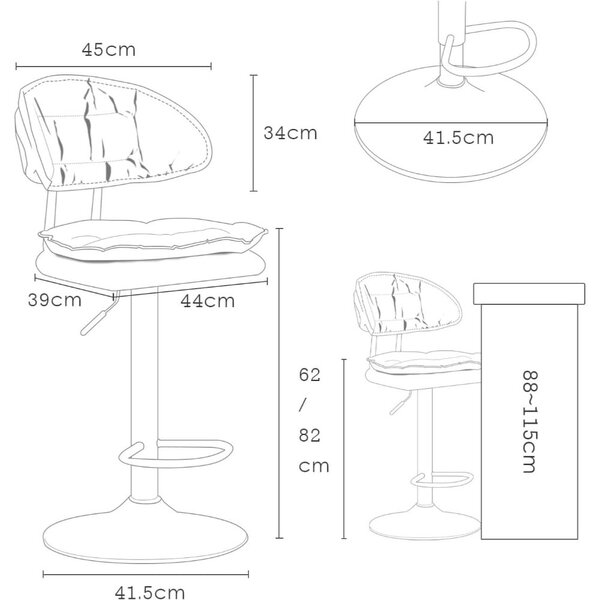 2 db bárszék szett, Quasar & Co.® CLEO, forgatható, 360°-os forgórendszerrel, magasságban állítható, lábtartóval, műbőr/fém/szivacs kárpitozással, alkalmas konyhába, szürke
