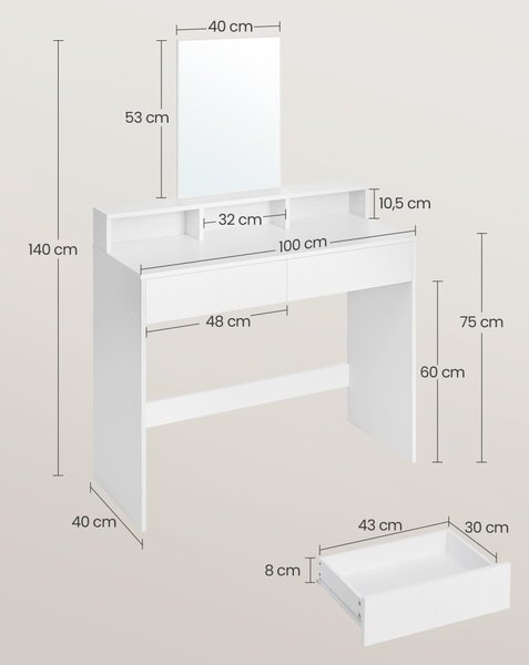 Fésülködőasztal, sminkasztal tükörrel 2 fiókkal és rekeszekkel, fehér 100x40x140cm