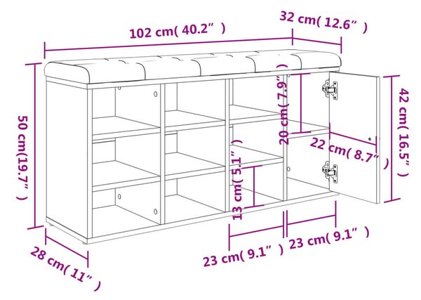 Cipőtároló Pad - Fekete - 12 Rekeszes - 102x32x50cm