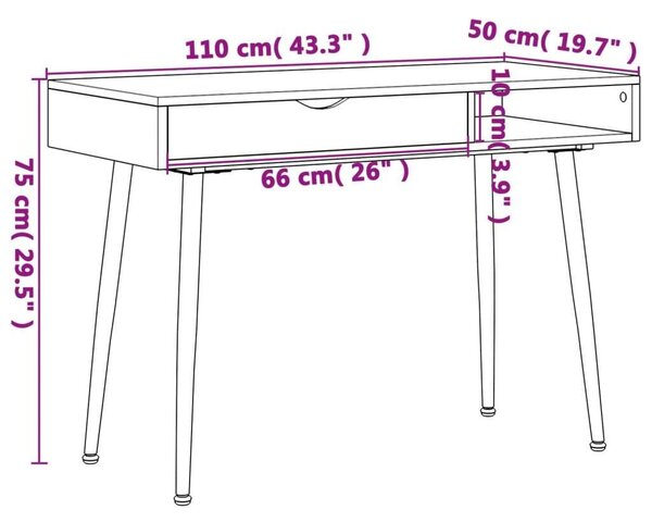VidaXL barna szerelt fa számítógépasztal fiókkal 110 x 50 x 75 cm