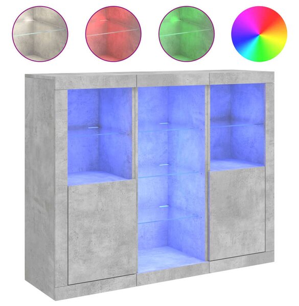VidaXL LED-es Tálalószekrény Hármas Szett - Beton Szürke - 123x37x100cm