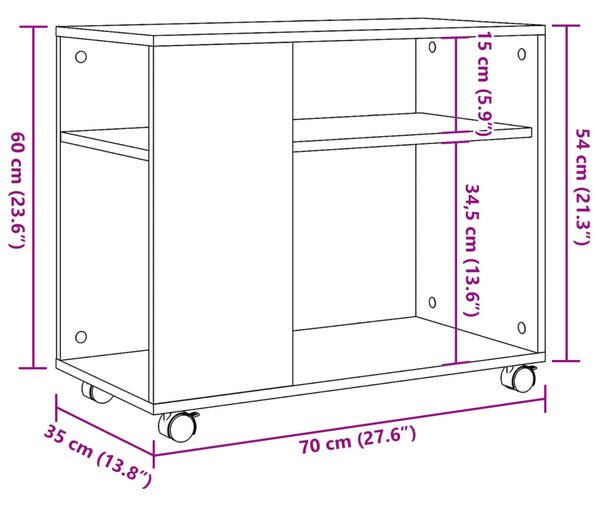Antik fa színű szerelt fa kisasztal kerekekkel 70 x 35 x 60 cm