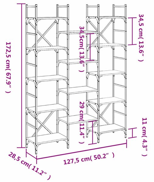 VidaXL szürke sonoma színű szerelt fa könyvespolc 127,5x28,5x172,5 cm