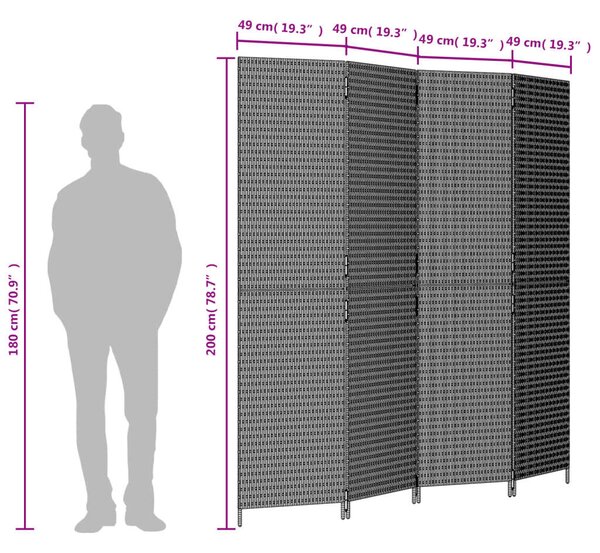 VidaXL - 4 Paneles Térelválasztó - Polyrattan - Fekete - 196x200cm