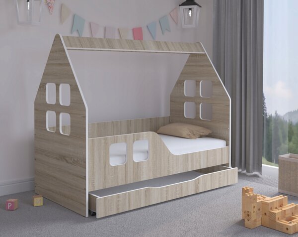 Házikó gyerekágy ágyneműtartóval 140 x 70 cm Sonoma tölgyfa - balos