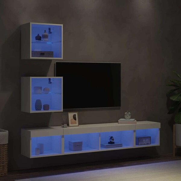 VidaXL 5 darab fehér szerelt fa fali TV-bútor LED-del