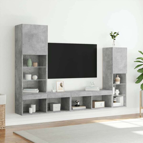 VidaXL 4 darab betonszürke szerelt fa fali TV-bútor LED-del