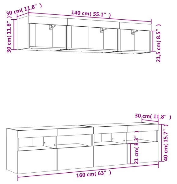 VidaXL Falra Szerelhető TV Szekrény Szett - Sonoma Tölgy - LED Világítással