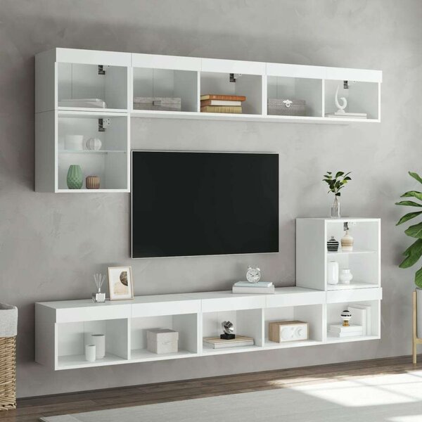 VidaXL 8 darab fehér szerelt fa fali TV-bútor LED-del