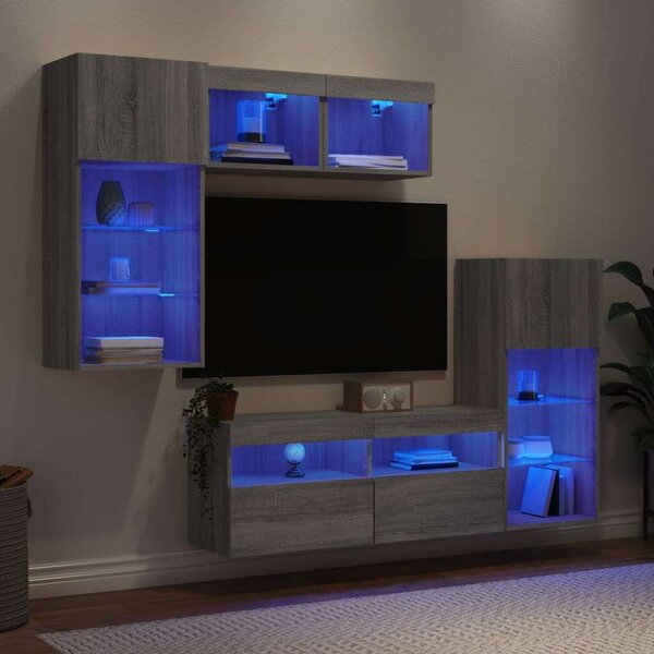 VidaXL 5 darab szürke sonoma színű szerelt fa fali TV-bútor LED-del