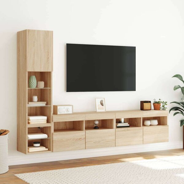 VidaXL 4 darab füstös tölgy színű szerelt fa TV-bútor LED-del