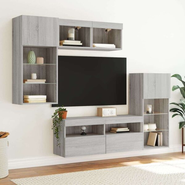 VidaXL 5 darab szürke sonoma színű szerelt fa fali TV-bútor LED-del