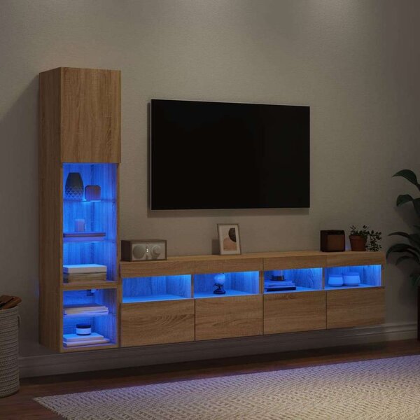VidaXL 4 darab füstös tölgy színű szerelt fa TV-bútor LED-del