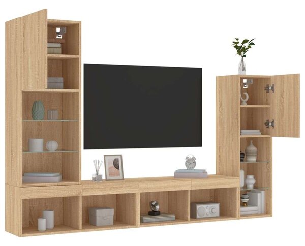 VidaXL 4 darab füstös tölgy színű szerelt fa TV-bútor LED-del