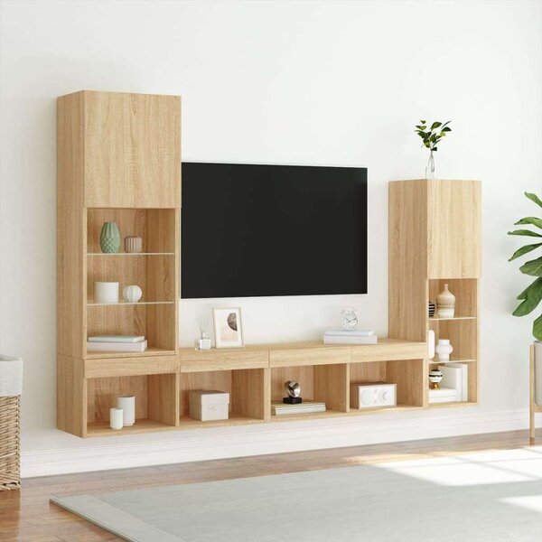 VidaXL 4 darab füstös tölgy színű szerelt fa TV-bútor LED-del