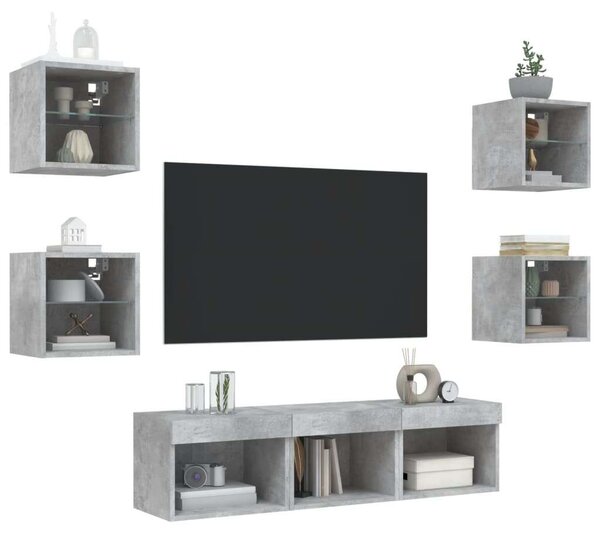 VidaXL 7 darab betonszürke szerelt fa fali TV-bútor LED-del