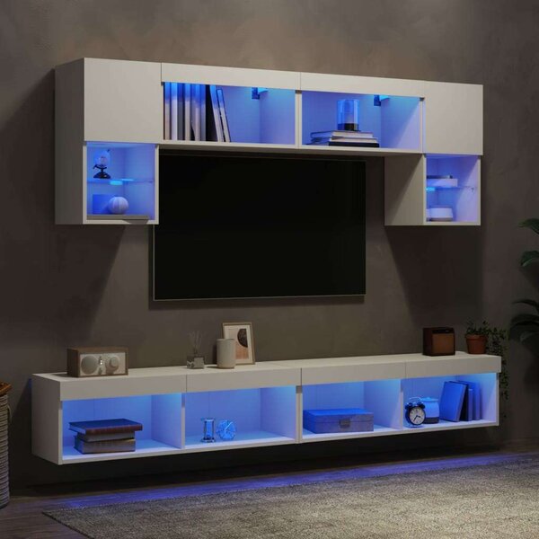 VidaXL 6 darab fehér szerelt fa fali TV-bútor LED-del