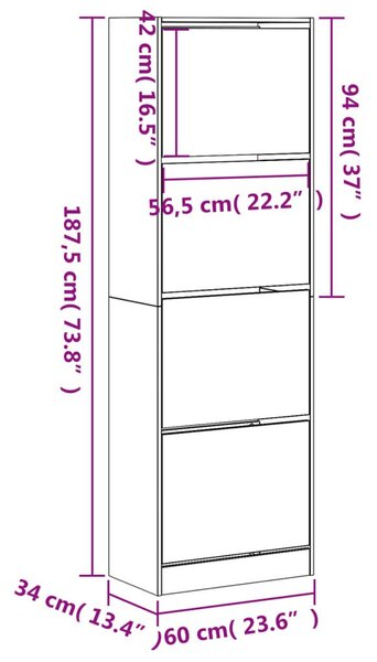 VidaXL Cipőtároló Szekrény - 4 Fiók - 60x34x187,5cm