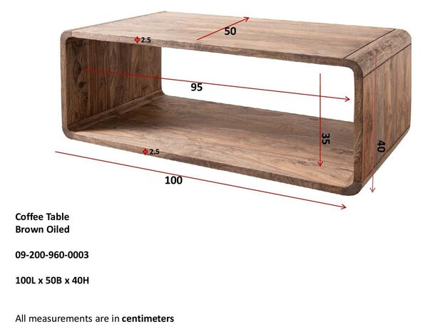 LOUNGE Sheesham dohányzóasztal 100x50x40, barna, olajozva