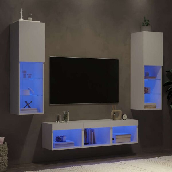 VidaXL 5 darab fehér szerelt fa fali TV-bútor LED-del