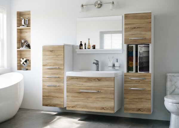 Fürdőszobabútor tölgy szekrények mosdóval tükörrel tölgy sonoma Gyártó ROD PRIMO M 5/0/W/DS/0/ZINC