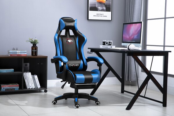 Gamer szék lábpárnával - fekete/kék - PDQ112001-2