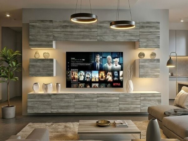 Szekrénysor Belini Premium Full Version szürke antracit Glamour Wood + LED világítás NEX 3/0/W/GW1/0/0/PP