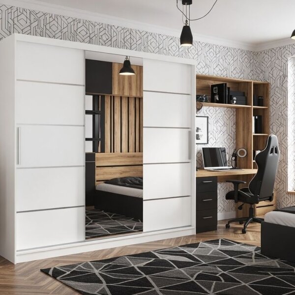 Tolóajtós szekrény 232 cm Belini fehér matt tükörrel és fiókokkal MBP SZP8/0/1W/2W1L/0/KLAL