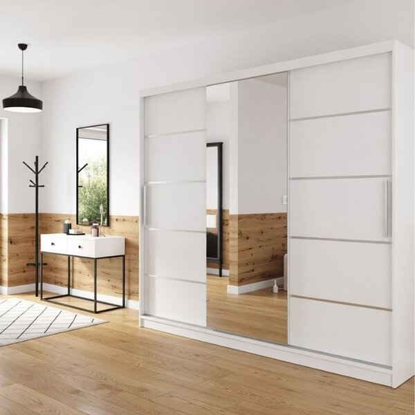 Tolóajtós szekrény 232 cm Belini fehér matt tükörrel és fiókokkal MBP SZP8/0/1W/2W1L/0/KLAL