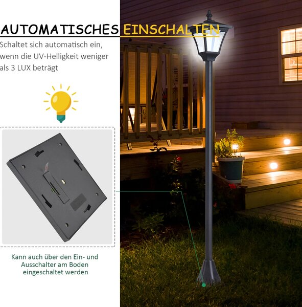 Outsunny Napelemes kerti lámpa, LED, 30 lumen, napelemes, talajra szerelhető tüske, 120 cm, fekete