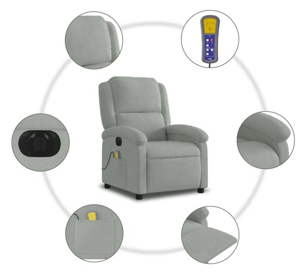 VidaXL világosszürke bársony elektromos dönthető masszázsfotel