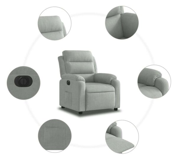 VidaXL világosszürke bársony elektromos dönthető fotel