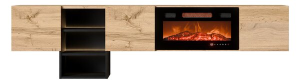 TV-állvány Charlotte 218, Edzett üveg, Laminált forgácslap, 53x200x32cm, Wotan tölgy, Fekete