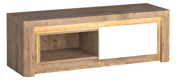 TV-állvány Etrmona 109, Laminált forgácslap, 42x124x41cm, Ribbeck tölgy, Fényes fehér