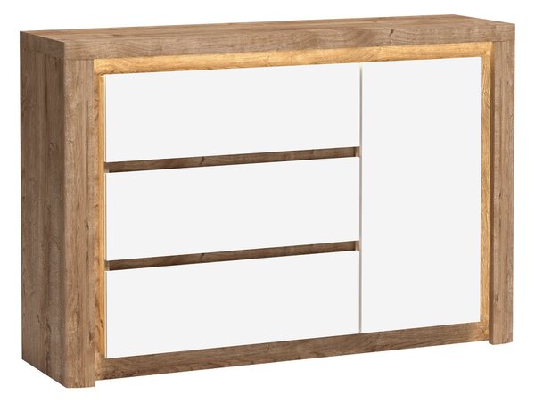Komód Etrmona 114, Laminált forgácslap, 98x144x41cm, Fényes fehér, Ribbeck tölgy