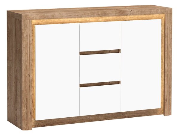 Komód Etrmona 106, Laminált forgácslap, 98x144x41cm, Fényes fehér, Ribbeck tölgy