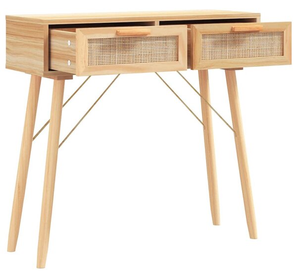 Barna tömör fenyő és természetes rattan kisasztal 80x30x75 cm