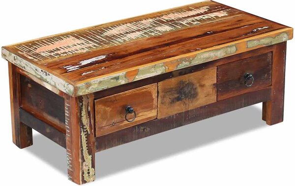 Tömör újrahasznosított fa fiókos dohányzóasztal 90 x 45 x 35 cm