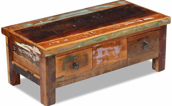 Tömör újrahasznosított fa fiókos dohányzóasztal 90 x 45 x 35 cm